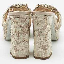Pre Owned René Caovilla Grey/Beige Lace and Mesh Crystal Embellish Block Heel Slide Sandals Size 38