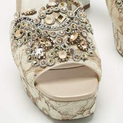 Pre Owned René Caovilla Grey/Beige Lace and Mesh Crystal Embellish Block Heel Slide Sandals Size 38