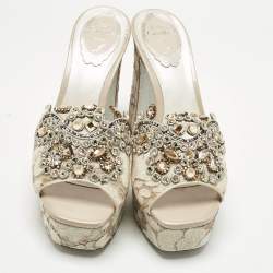 Pre Owned René Caovilla Grey/Beige Lace and Mesh Crystal Embellish Block Heel Slide Sandals Size 38