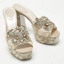 Pre Owned René Caovilla Grey/Beige Lace and Mesh Crystal Embellish Block Heel Slide Sandals Size 38