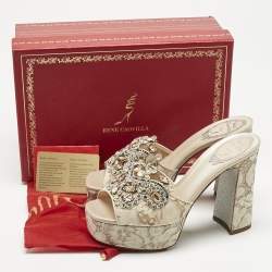 Pre Owned René Caovilla Grey/Beige Lace and Mesh Crystal Embellish Block Heel Slide Sandals Size 38