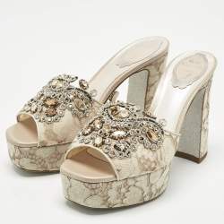 Pre Owned René Caovilla Grey/Beige Lace and Mesh Crystal Embellish Block Heel Slide Sandals Size 38