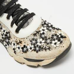 Pre Owned René Caovilla White/Black Leather and Mesh Flower Embellished Lace Up Sneakers Size 39