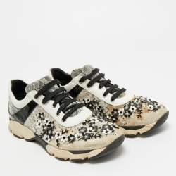 Pre Owned René Caovilla White/Black Leather and Mesh Flower Embellished Lace Up Sneakers Size 39