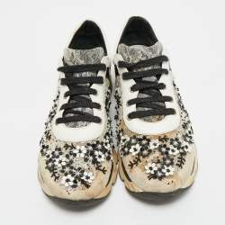 Pre Owned René Caovilla White/Black Leather and Mesh Flower Embellished Lace Up Sneakers Size 39