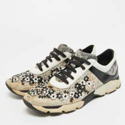 Pre Owned René Caovilla White/Black Leather and Mesh Flower Embellished Lace Up Sneakers Size 39