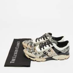 Pre Owned René Caovilla White/Black Leather and Mesh Flower Embellished Lace Up Sneakers Size 39