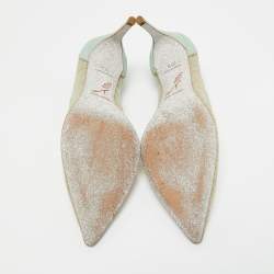 Pre Owned René Caovilla Blue/Beige Lace and Leather Pointed Toe Pumps Size 35.5