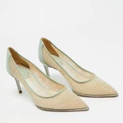 Pre Owned René Caovilla Blue/Beige Lace and Leather Pointed Toe Pumps Size 35.5