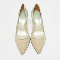 Pre Owned René Caovilla Blue/Beige Lace and Leather Pointed Toe Pumps Size 35.5