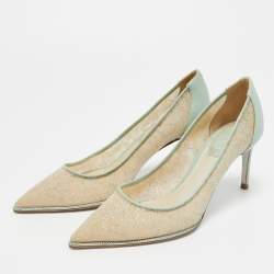 Pre Owned René Caovilla Blue/Beige Lace and Leather Pointed Toe Pumps Size 35.5