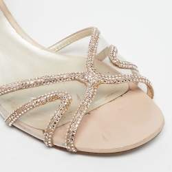 Pre Owned René Caovilla Beige Satin Crystal Embellished  Cleo Ankle Strap Sandals Size 40