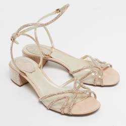 Pre Owned René Caovilla Beige Satin Crystal Embellished  Cleo Ankle Strap Sandals Size 40