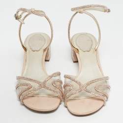 Pre Owned René Caovilla Beige Satin Crystal Embellished  Cleo Ankle Strap Sandals Size 40