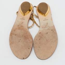 Pre Owned René Caovilla Gold Leather Crystals Embellished Thong Flats Size 38