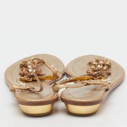Pre Owned René Caovilla Gold Leather Crystals Embellished Thong Flats Size 38