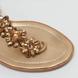 Pre Owned René Caovilla Gold Leather Crystals Embellished Thong Flats Size 38