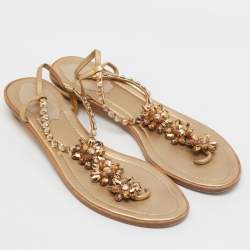 Pre Owned René Caovilla Gold Leather Crystals Embellished Thong Flats Size 38