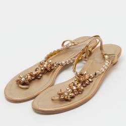 Pre Owned René Caovilla Gold Leather Crystals Embellished Thong Flats Size 38