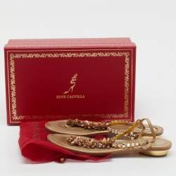 Pre Owned René Caovilla Gold Leather Crystals Embellished Thong Flats Size 38
