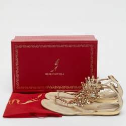 Pre Owned René Caovilla Gold Leather Crystals Embellished T Strap Flats Size 38