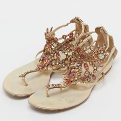Pre Owned René Caovilla Gold Leather Crystals Embellished T Strap Flats Size 38