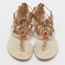 Pre Owned René Caovilla Gold Leather Crystals Embellished T Strap Flats Size 38