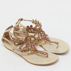 Pre Owned René Caovilla Gold Leather Crystals Embellished T Strap Flats Size 38