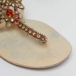 Pre Owned René Caovilla Gold Leather Crystals Embellished T Strap Flats Size 38