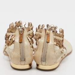 Pre Owned René Caovilla Gold Leather Crystals Embellished T Strap Flats Size 38