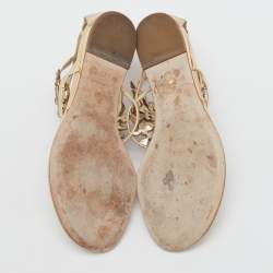 Pre Owned René Caovilla Gold Leather Crystals Embellished T Strap Flats Size 38