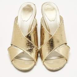 Pre Owned René Caovilla Gold Python Crisscross Slide Sandals Size 38.5