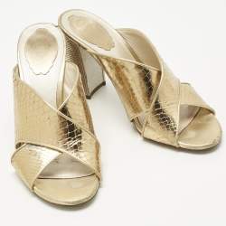 Pre Owned René Caovilla Gold Python Crisscross Slide Sandals Size 38.5