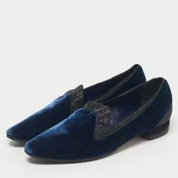 Pre Owned René Caovilla Blue Velvet Crystal Embellished Smoking Slippers Size 35