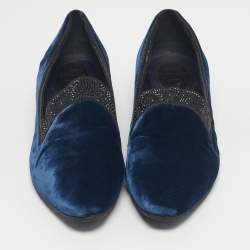Pre Owned René Caovilla Blue Velvet Crystal Embellished Smoking Slippers Size 35