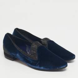 Pre Owned René Caovilla Blue Velvet Crystal Embellished Smoking Slippers Size 35