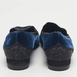 Pre Owned René Caovilla Blue Velvet Crystal Embellished Smoking Slippers Size 35