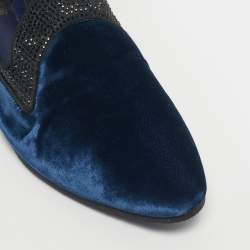 Pre Owned René Caovilla Blue Velvet Crystal Embellished Smoking Slippers Size 35