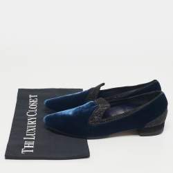 Pre Owned René Caovilla Blue Velvet Crystal Embellished Smoking Slippers Size 35