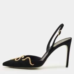 Pre Owned René Caovilla Black Suede Snake Crystal Embellish Slingback Pumps Size 37.5