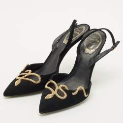 Pre Owned René Caovilla Black Suede Snake Crystal Embellish Slingback Pumps Size 37.5