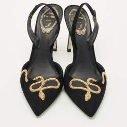 Pre Owned René Caovilla Black Suede Snake Crystal Embellish Slingback Pumps Size 37.5