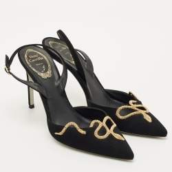 Pre Owned René Caovilla Black Suede Snake Crystal Embellish Slingback Pumps Size 37.5