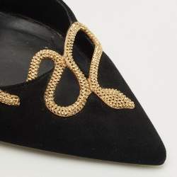 Pre Owned René Caovilla Black Suede Snake Crystal Embellish Slingback Pumps Size 37.5
