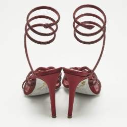 Pre Owned René Caovilla Burgundy Satin Cleo Ankle Strap Sandals Size 39