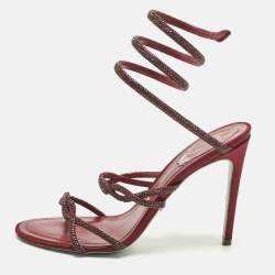 Pre Owned René Caovilla Burgundy Satin Cleo Ankle Strap Sandals Size 39
