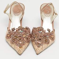 Pre Owned René Caovilla Golden Lace And Leather Crystals Embellished Veneziana Slingback Pumps Size 38