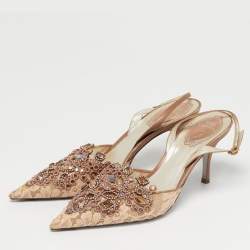 Pre Owned René Caovilla Golden Lace And Leather Crystals Embellished Veneziana Slingback Pumps Size 38