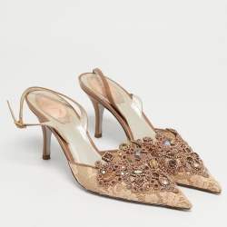 Pre Owned René Caovilla Golden Lace And Leather Crystals Embellished Veneziana Slingback Pumps Size 38
