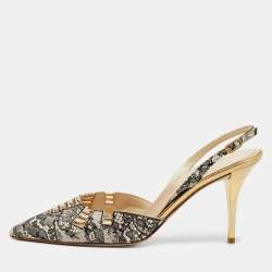 Pre Owned Rene Caovilla Black/White Leather and Lace Crystal Embellished Slingback Pumps Size 40